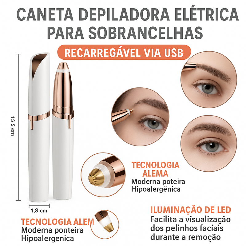 Caneta depiladora elétrica para sobrancelhas recarregável USB